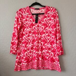 NWT David Cline Medium Tunic Top Berry Pink 3/4 Sleeve Ikat Scroll V-Neck 9731TV
